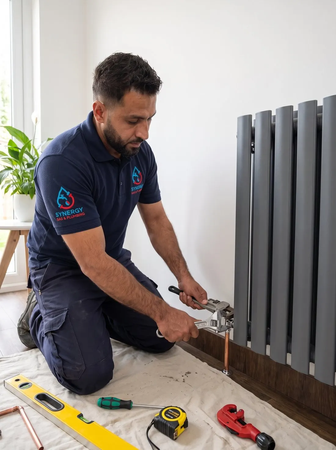 Synergy Gas & Plumbing engineer working on a radiator installation